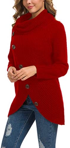 Women's Solid Color Chunky Button Pullover Sweater Turtle Cowl Neck Asymmetric Hem Knit Sweater