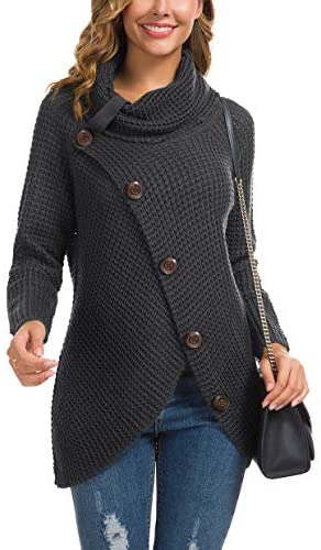 Women's Solid Color Chunky Button Pullover Sweater Turtle Cowl Neck Asymmetric Hem Knit Sweater