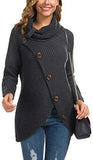 Women's Solid Color Chunky Button Pullover Sweater Turtle Cowl Neck Asymmetric Hem Knit Sweater
