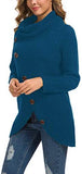 Women's Solid Color Chunky Button Pullover Sweater Turtle Cowl Neck Asymmetric Hem Knit Sweater