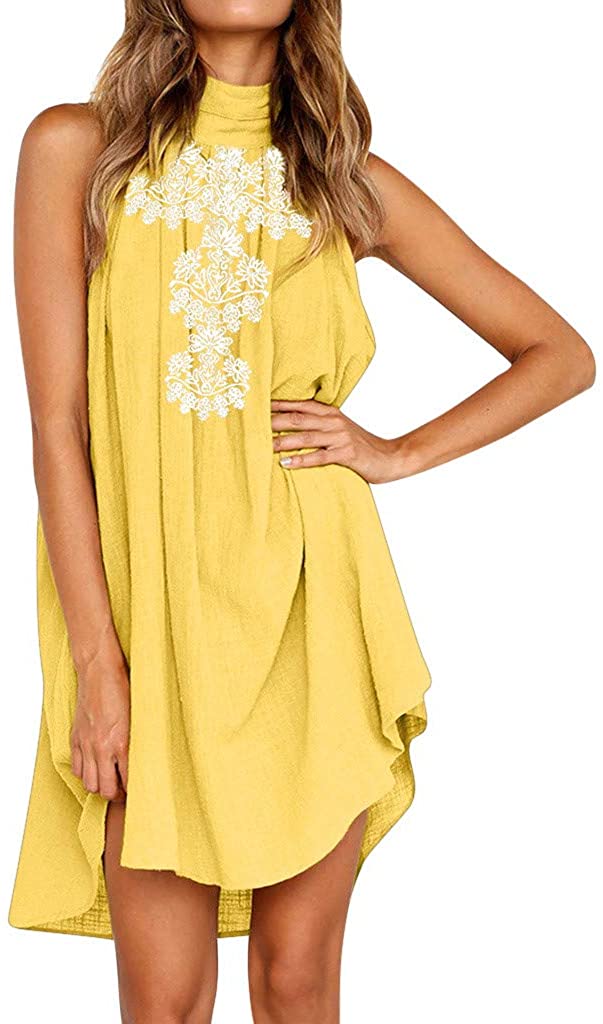 Women clothes Womens Sexy Sleeveless Dresses,Summer Casual Loose Cotton Linen Beach Holiday Party Irregular Dress