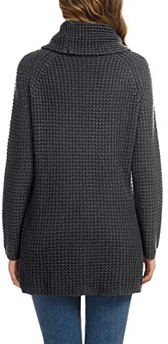 Women's Solid Color Chunky Button Pullover Sweater Turtle Cowl Neck Asymmetric Hem Knit Sweater