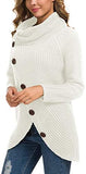 Women's Solid Color Chunky Button Pullover Sweater Turtle Cowl Neck Asymmetric Hem Knit Sweater