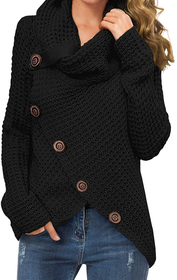 Women's Solid Color Chunky Button Pullover Sweater Turtle Cowl Neck Asymmetric Hem Knit Sweater