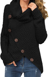 Women's Solid Color Chunky Button Pullover Sweater Turtle Cowl Neck Asymmetric Hem Knit Sweater