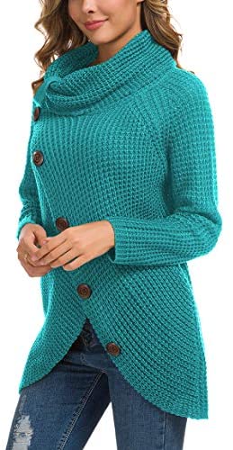 Women's Solid Color Chunky Button Pullover Sweater Turtle Cowl Neck Asymmetric Hem Knit Sweater