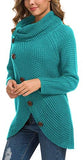 Women's Solid Color Chunky Button Pullover Sweater Turtle Cowl Neck Asymmetric Hem Knit Sweater