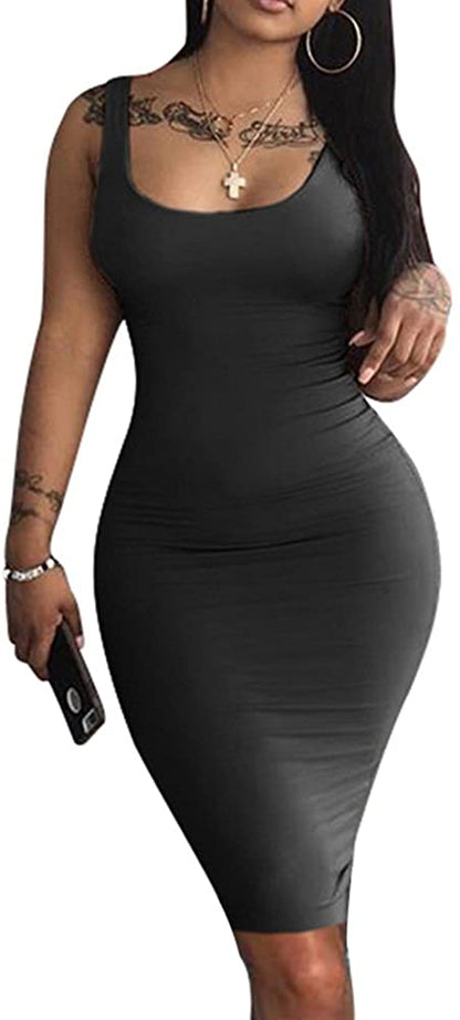 Women's Sexy Bodycon Tank Dress Sleeveless Basic Midi Club Dresses