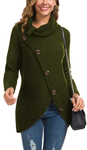 Women's Solid Color Chunky Button Pullover Sweater Turtle Cowl Neck Asymmetric Hem Knit Sweater