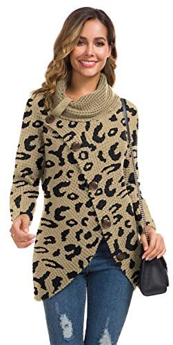 Women's Solid Color Chunky Button Pullover Sweater Turtle Cowl Neck Asymmetric Hem Knit Sweater