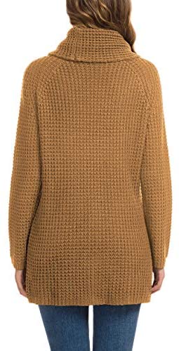 Women's Solid Color Chunky Button Pullover Sweater Turtle Cowl Neck Asymmetric Hem Knit Sweater