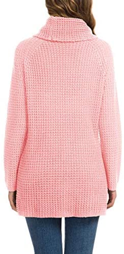 Women's Solid Color Chunky Button Pullover Sweater Turtle Cowl Neck Asymmetric Hem Knit Sweater