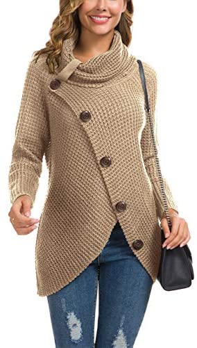 Women's Solid Color Chunky Button Pullover Sweater Turtle Cowl Neck Asymmetric Hem Knit Sweater
