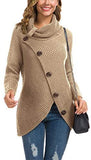 Women's Solid Color Chunky Button Pullover Sweater Turtle Cowl Neck Asymmetric Hem Knit Sweater