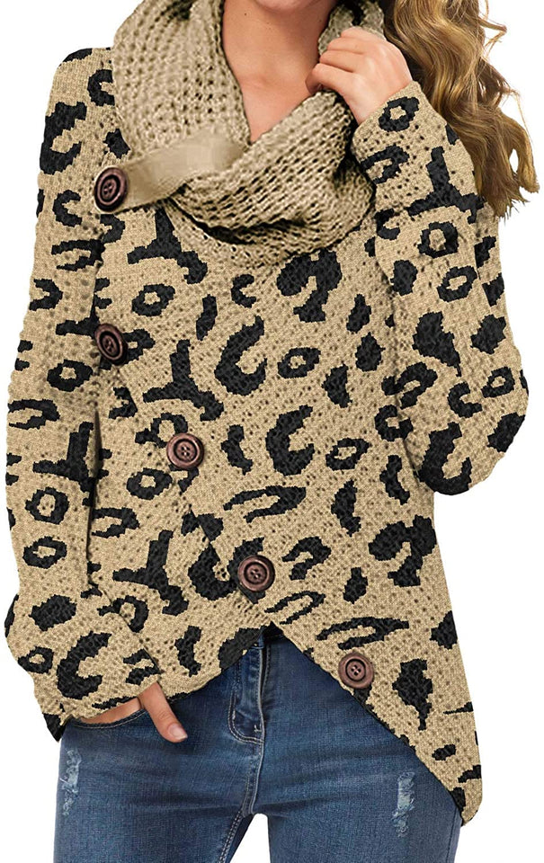 Women's Solid Color Chunky Button Pullover Sweater Turtle Cowl Neck Asymmetric Hem Knit Sweater